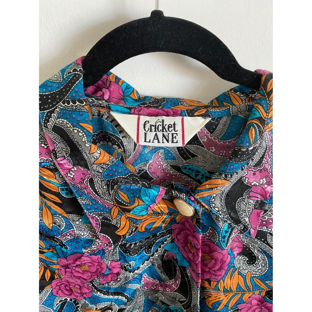 Cricket Lane Vintage‎ Paisley Floral Satin Blouse Pink Blue Long Sleeve Large - Picture 2 of 7